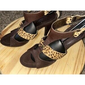Nine West  T-Strap Sandals - Dark Brown Leather & Leopard Calf Hair/ Size 8